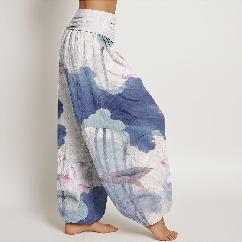 Lotus Print Breathable Cotton Grounding Harem Pants