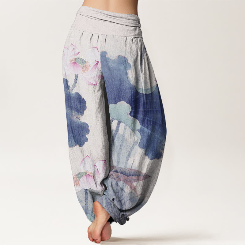 Lotus Print Breathable Cotton Grounding Harem Pants