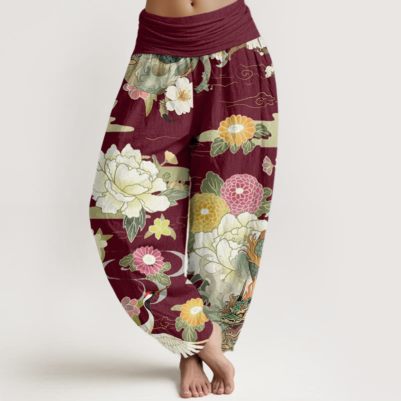 Breathable Cotton Crane Print Mindful Movement Harem Pants