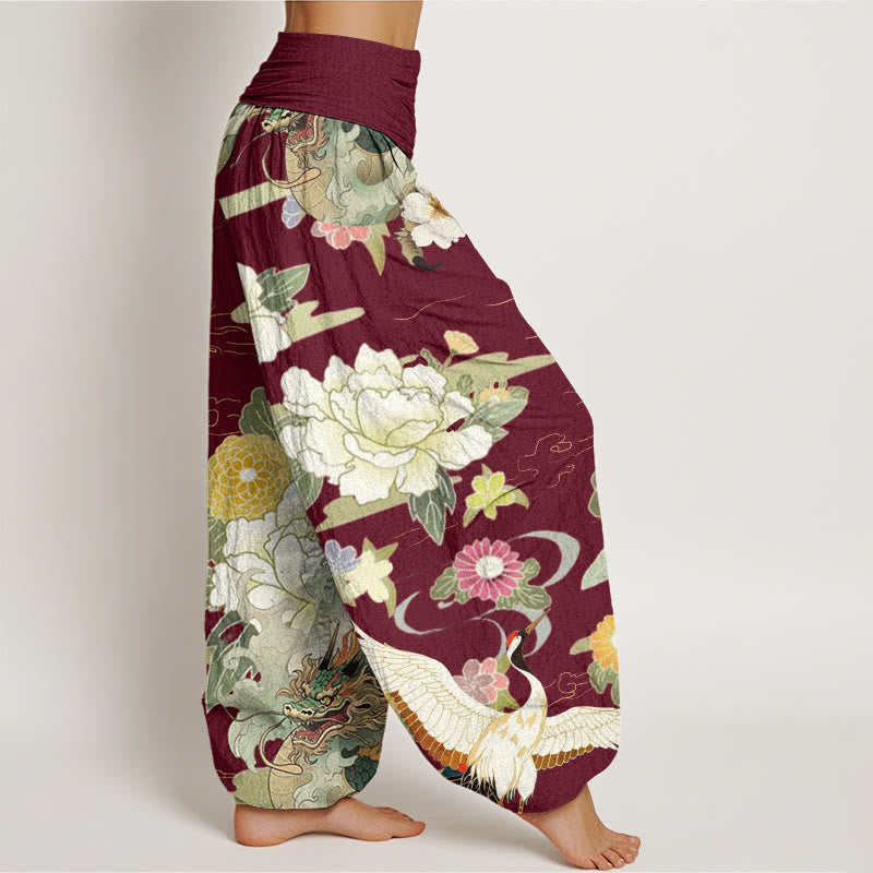 Breathable Cotton Crane Print Mindful Movement Harem Pants