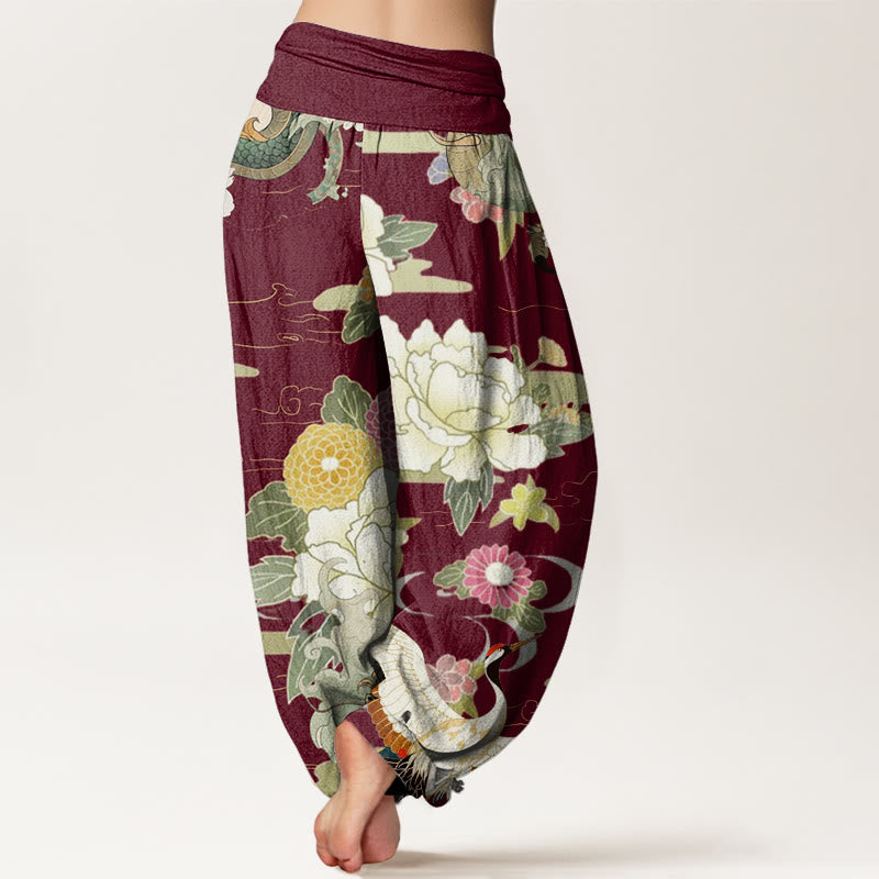 Breathable Cotton Crane Print Mindful Movement Harem Pants