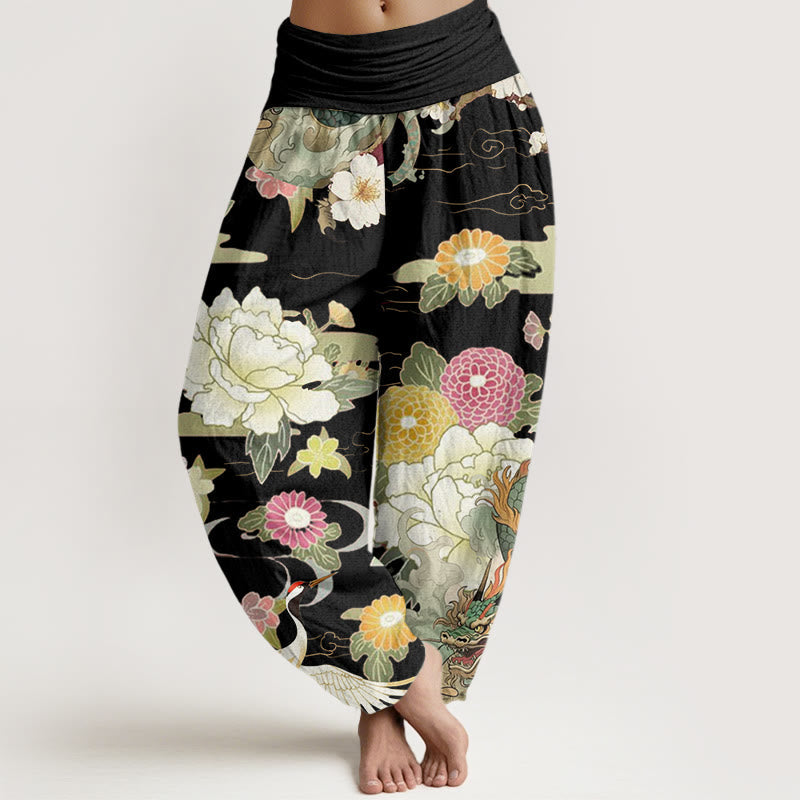 Breathable Cotton Crane Print Mindful Movement Harem Pants