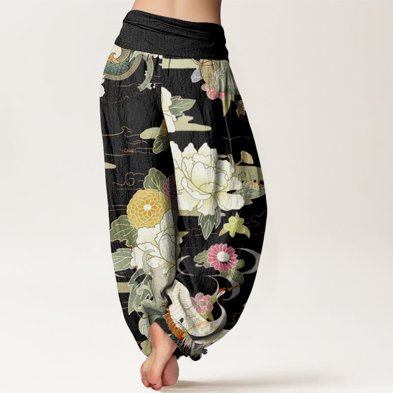 Breathable Cotton Crane Print Mindful Movement Harem Pants