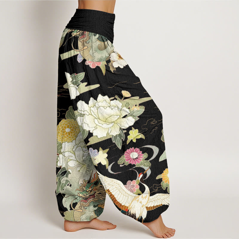 Breathable Cotton Crane Print Mindful Movement Harem Pants