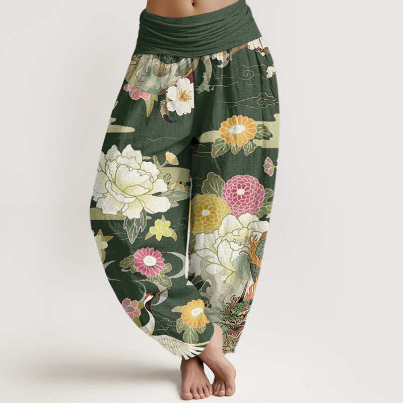 Breathable Cotton Crane Print Mindful Movement Harem Pants