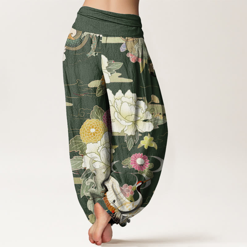Breathable Cotton Crane Print Mindful Movement Harem Pants