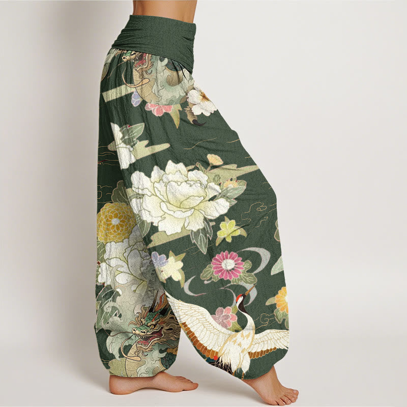 Breathable Cotton Crane Print Mindful Movement Harem Pants