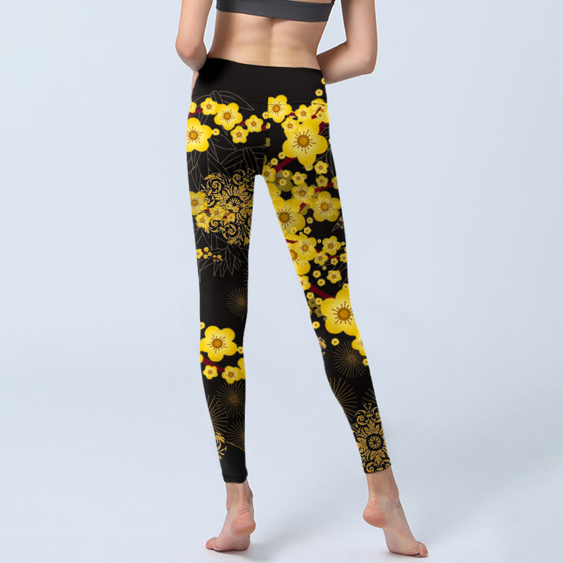 Yellow Cherry Blossoms Bamboo Leaves Firework Pattern Print Gym Leggings Women's Yoga Pants