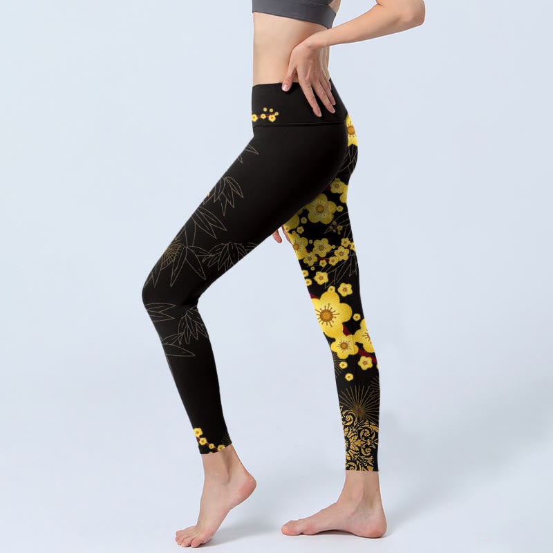 Yellow Cherry Blossoms Bamboo Leaves Firework Pattern Print Gym Leggings Women's Yoga Pants