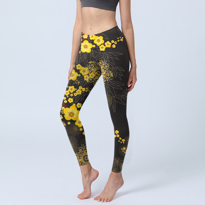 Yellow Cherry Blossoms Bamboo Leaves Firework Pattern Print Gym Leggings Women's Yoga Pants