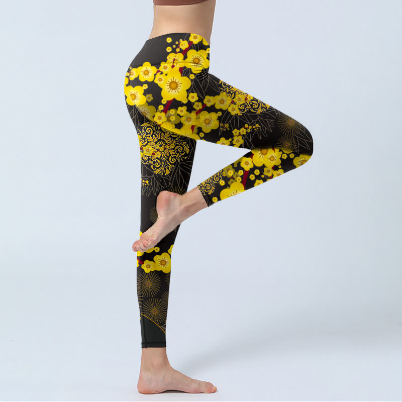Yellow Cherry Blossoms Bamboo Leaves Firework Pattern Print Gym Leggings Women's Yoga Pants