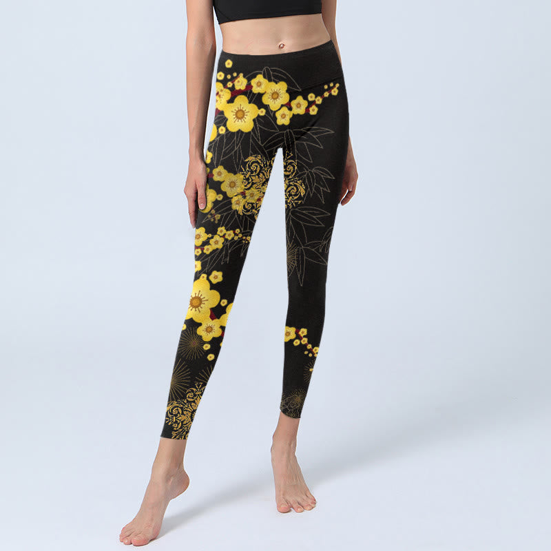 Yellow Cherry Blossoms Bamboo Leaves Firework Pattern Print Gym Leggings Women's Yoga Pants