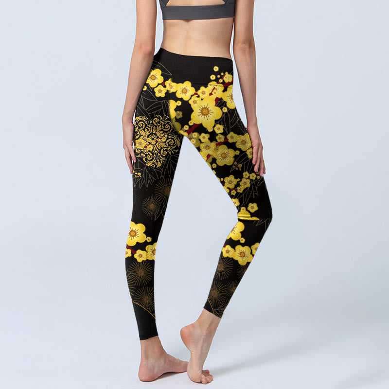 Yellow Cherry Blossoms Bamboo Leaves Firework Pattern Print Gym Leggings Women's Yoga Pants