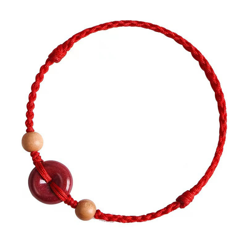 Hand-Braided Peach Wood Ping An Kou & Cinnabar Red String Bracelet Anklet