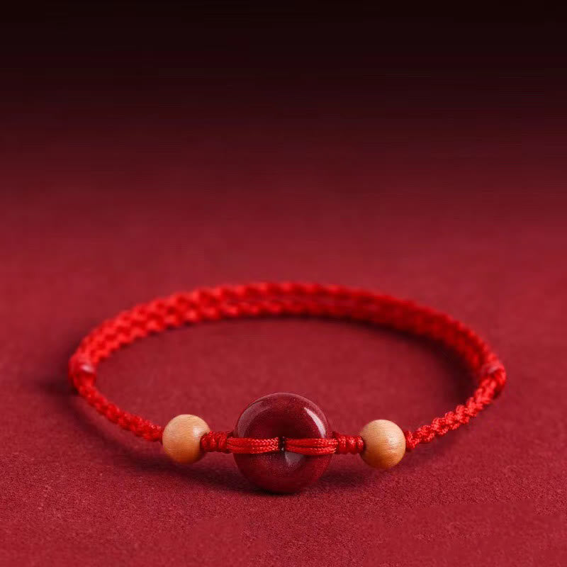 Hand-Braided Peach Wood Ping An Kou & Cinnabar Red String Bracelet Anklet