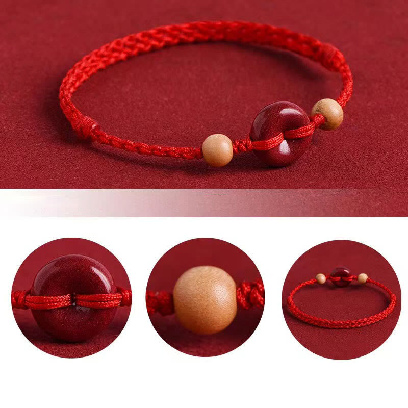 Hand-Braided Peach Wood Ping An Kou & Cinnabar Red String Bracelet Anklet