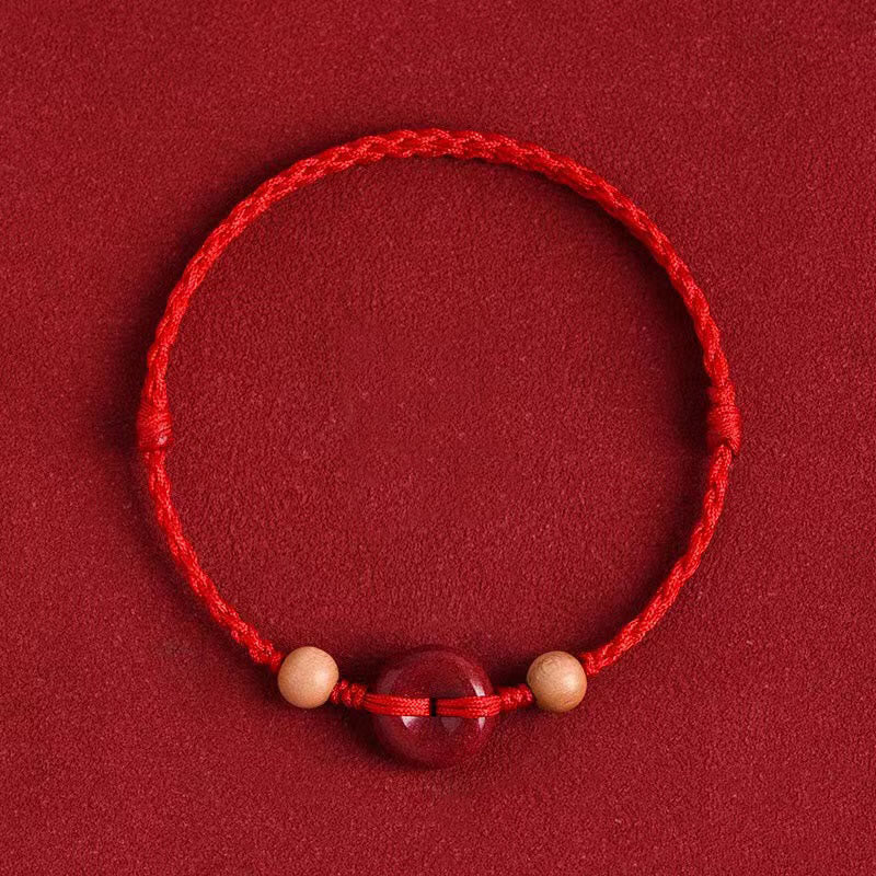 Hand-Braided Peach Wood Ping An Kou & Cinnabar Red String Bracelet Anklet