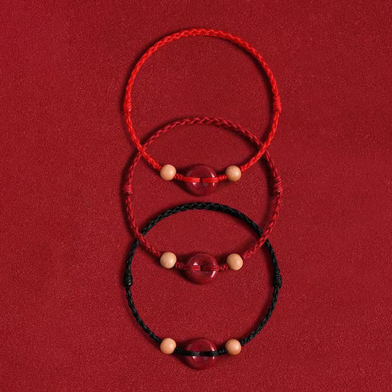 Hand-Braided Peach Wood Ping An Kou & Cinnabar Red String Bracelet Anklet