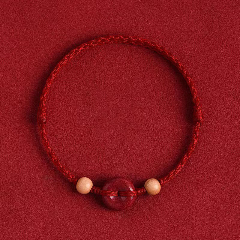 Hand-Braided Peach Wood Ping An Kou & Cinnabar Red String Bracelet Anklet
