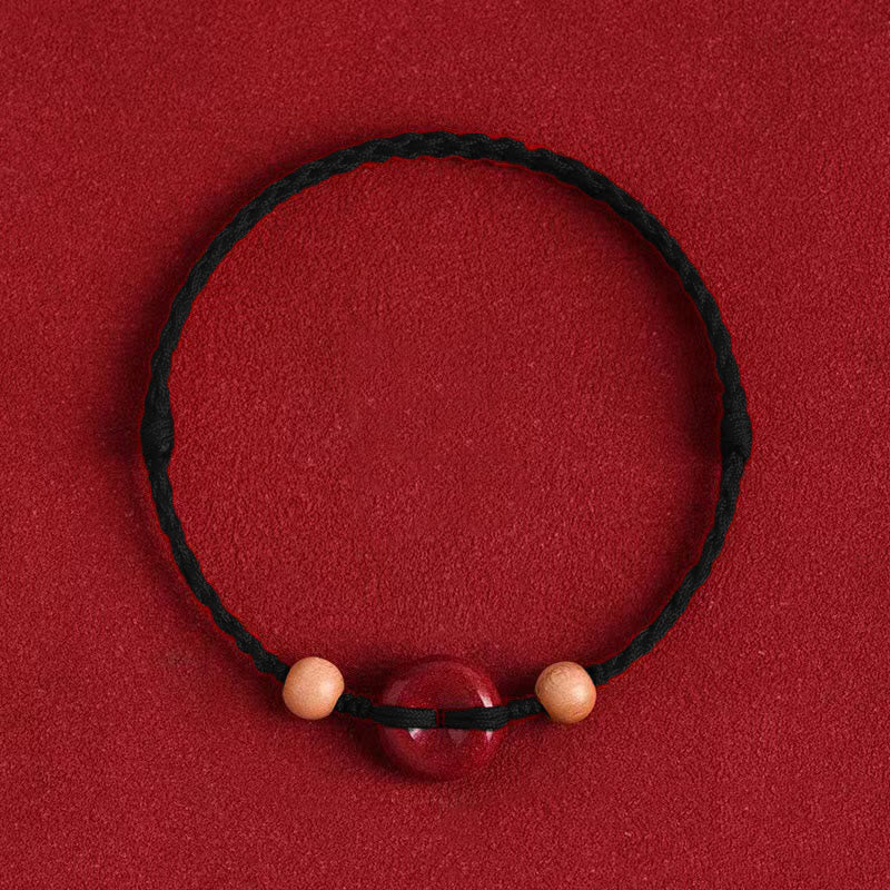 Hand-Braided Peach Wood Ping An Kou & Cinnabar Red String Bracelet Anklet