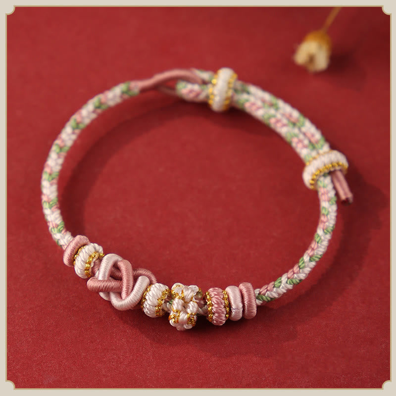 Handcrafted Peach Blossom Endless Knot Adjustable Red String & Colorful Cord Bracelet