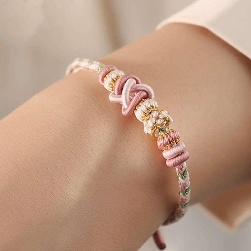 Handcrafted Peach Blossom Endless Knot Adjustable Red String & Colorful Cord Bracelet