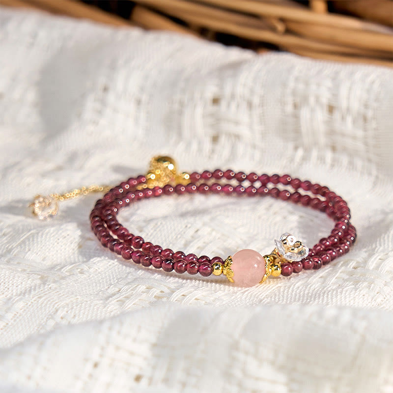 Natural Garnet & Rose Quartz Copper Double Wrap Calm Bracelet