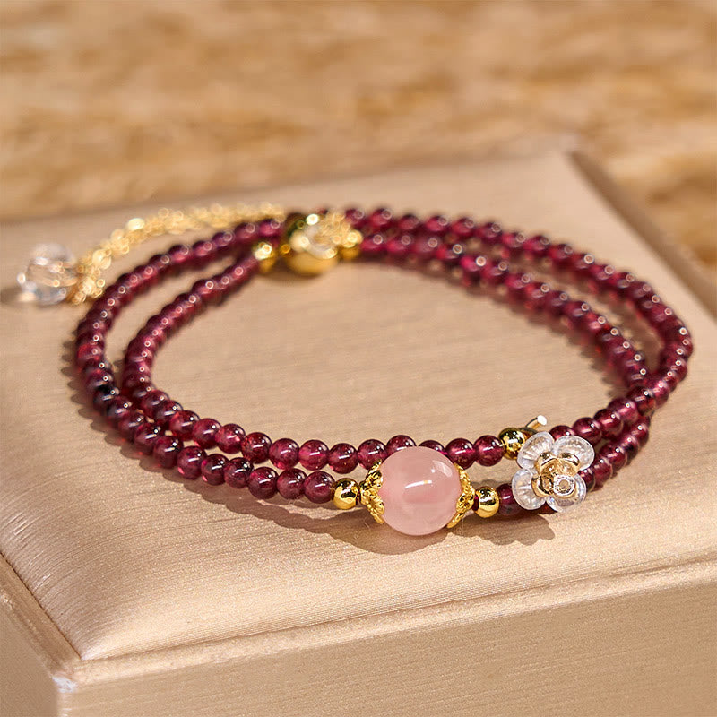 Natural Garnet & Rose Quartz Copper Double Wrap Calm Bracelet