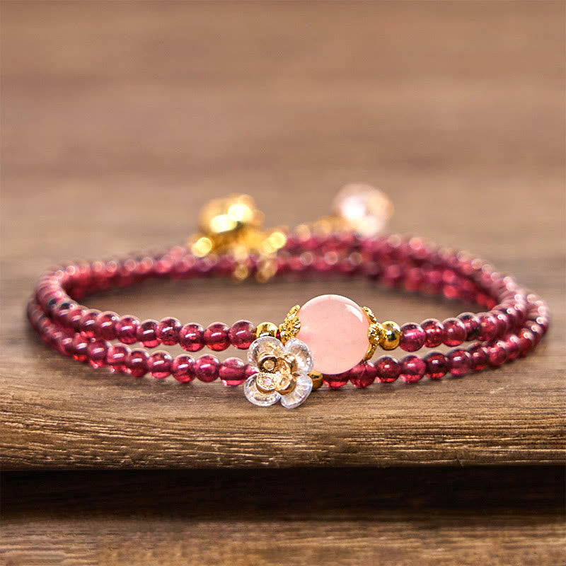 Natural Garnet & Rose Quartz Copper Double Wrap Calm Bracelet