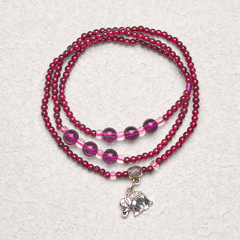 Natural Garnet & Clear Quartz 3mm Triple Wrap Bracelet with Symbolic Charms
