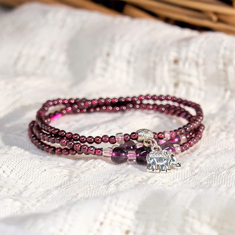 Natural Garnet & Clear Quartz 3mm Triple Wrap Bracelet with Symbolic Charms