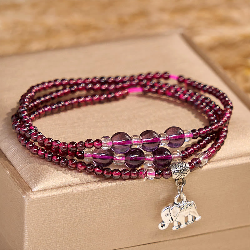 Natural Garnet & Clear Quartz 3mm Triple Wrap Bracelet with Symbolic Charms