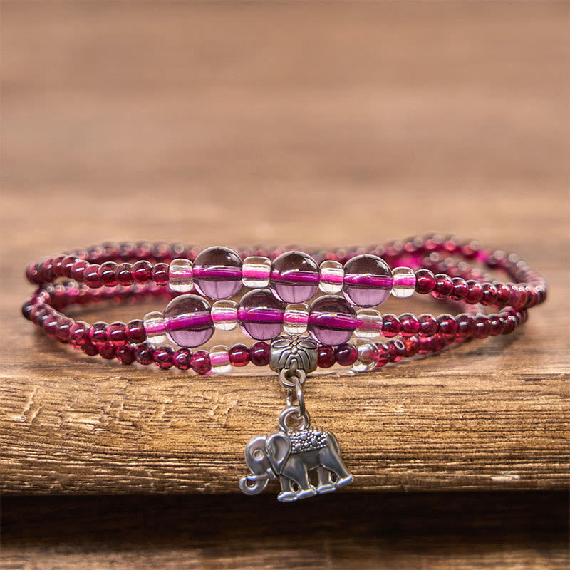 Natural Garnet & Clear Quartz 3mm Triple Wrap Bracelet with Symbolic Charms