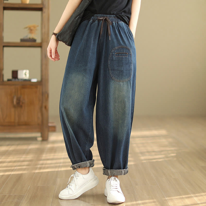 Casual DarkSlateBlue Plain Drawstring Cotton Women's Harem Pants With Pockets