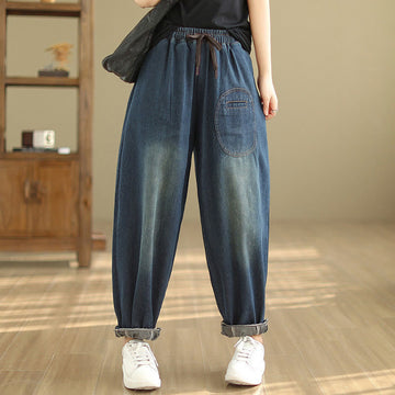 Casual DarkSlateBlue Plain Drawstring Cotton Women's Harem Pants With Pockets
