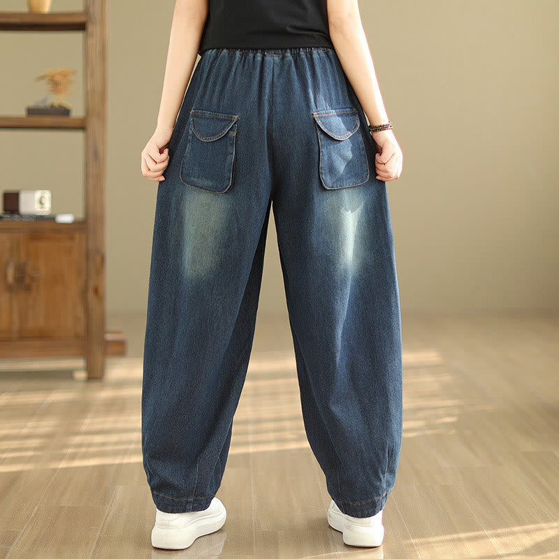 Casual DarkSlateBlue Plain Drawstring Cotton Women's Harem Pants With Pockets