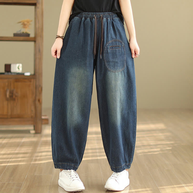 Casual DarkSlateBlue Plain Drawstring Cotton Women's Harem Pants With Pockets