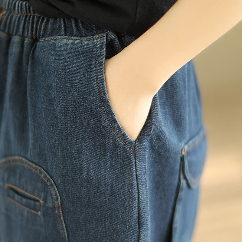 Casual DarkSlateBlue Plain Drawstring Cotton Women's Harem Pants With Pockets