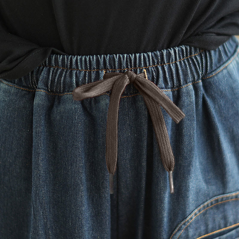 Casual DarkSlateBlue Plain Drawstring Cotton Women's Harem Pants With Pockets