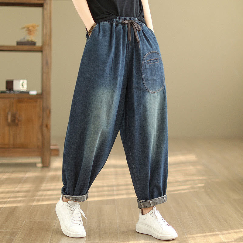 Casual DarkSlateBlue Plain Drawstring Cotton Women's Harem Pants With Pockets