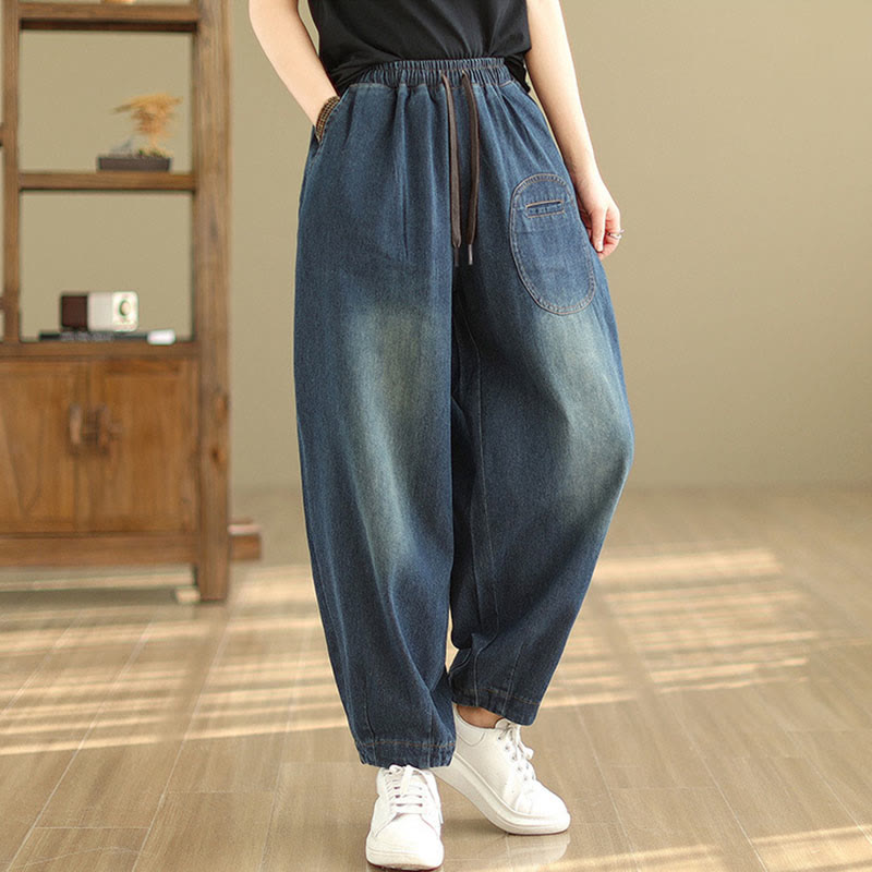 Casual DarkSlateBlue Plain Drawstring Cotton Women's Harem Pants With Pockets