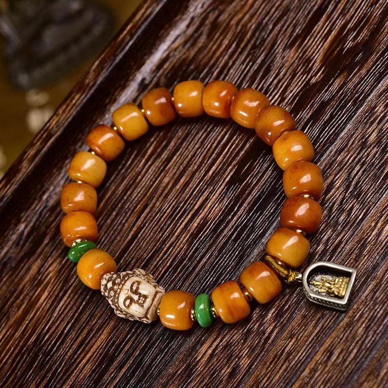 Natural Tibetan Camel Bone Barrel Bead Buddha Head Bracelet
