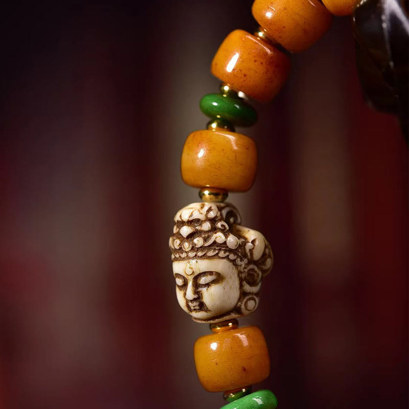 Natural Tibetan Camel Bone Barrel Bead Buddha Head Bracelet