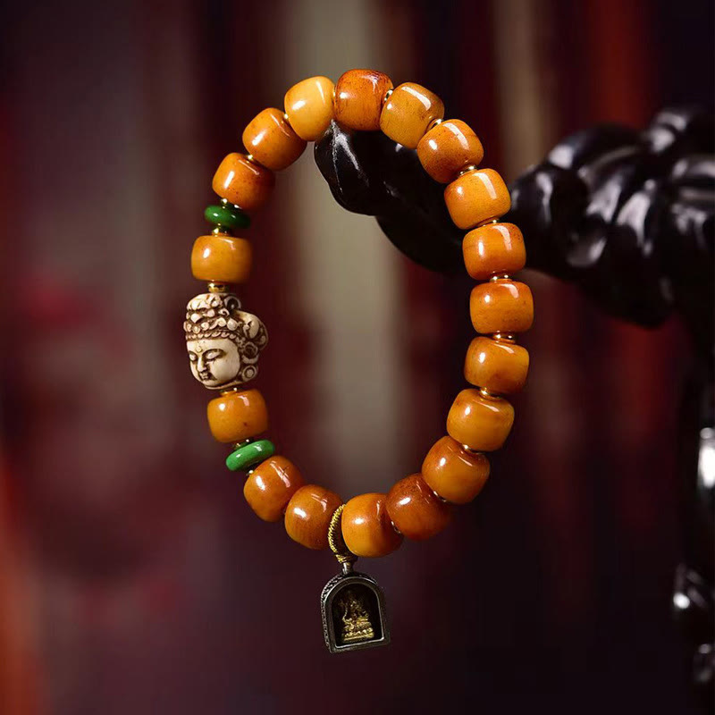 Natural Tibetan Camel Bone Barrel Bead Buddha Head Bracelet