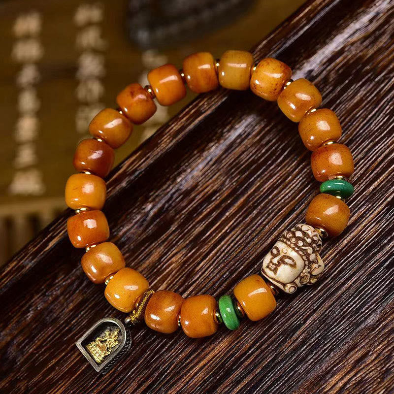 Natural Tibetan Camel Bone Barrel Bead Buddha Head Bracelet