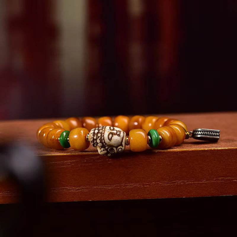 Natural Tibetan Camel Bone Barrel Bead Buddha Head Bracelet