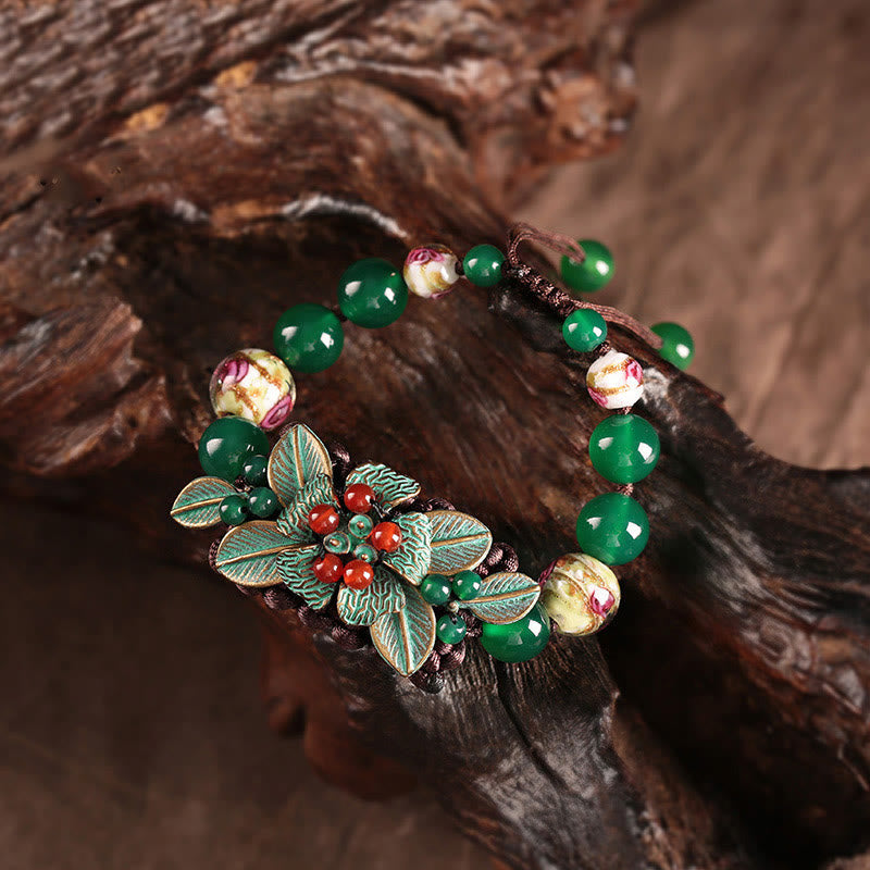 Green Agate Glass Flower Braided Knot Adjustable Support Bracelet