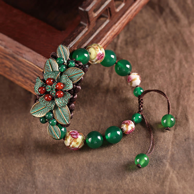 Green Agate Glass Flower Braided Knot Adjustable Support Bracelet
