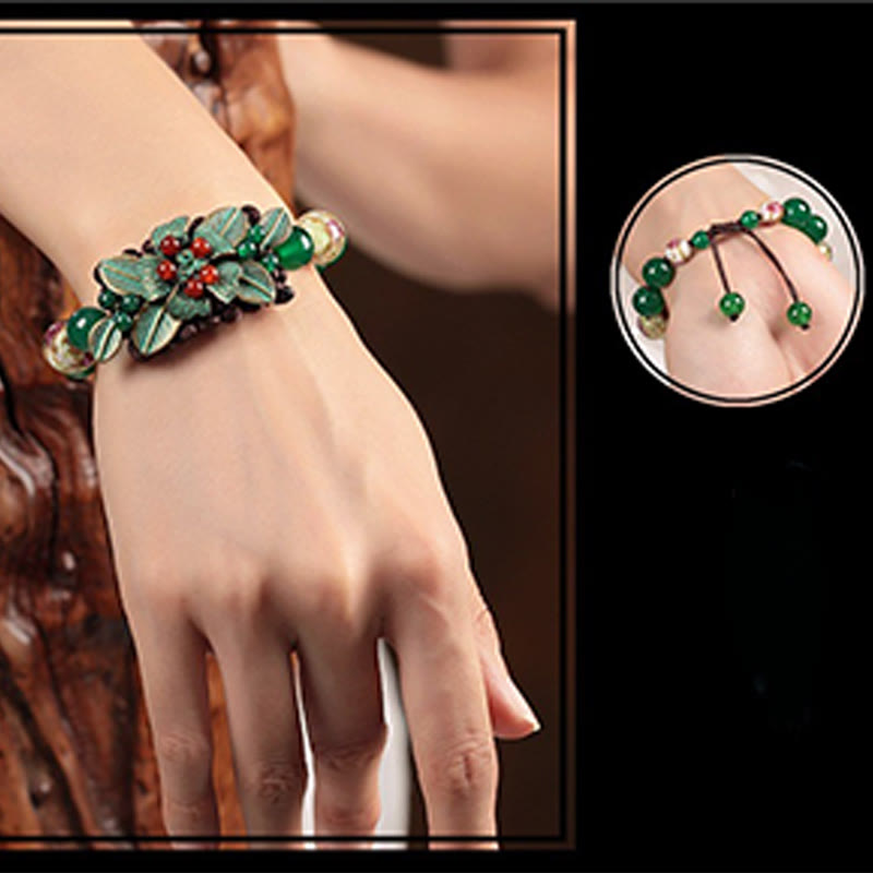 Green Agate Glass Flower Braided Knot Adjustable Support Bracelet