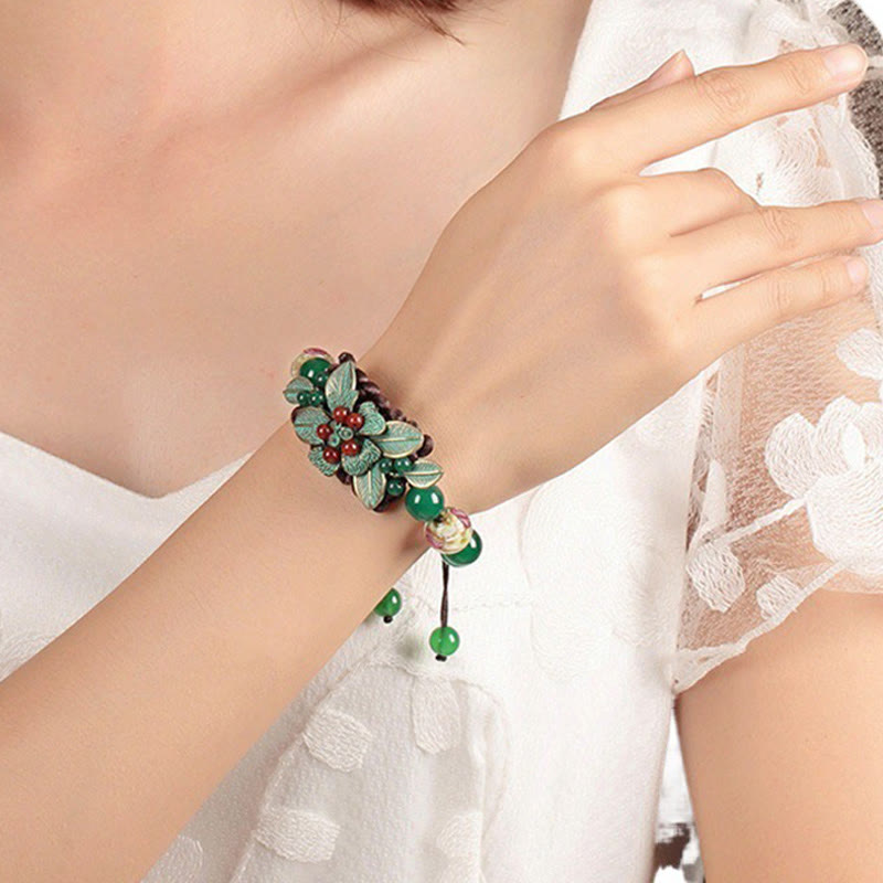 Green Agate Glass Flower Braided Knot Adjustable Support Bracelet